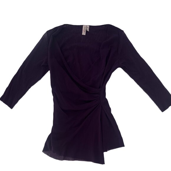 Sweet Pea Top  by Stacy Frati Sheer Deep Ruched Wrap Purple 3/4 Sleeves  Size M - Picture 5 of 7